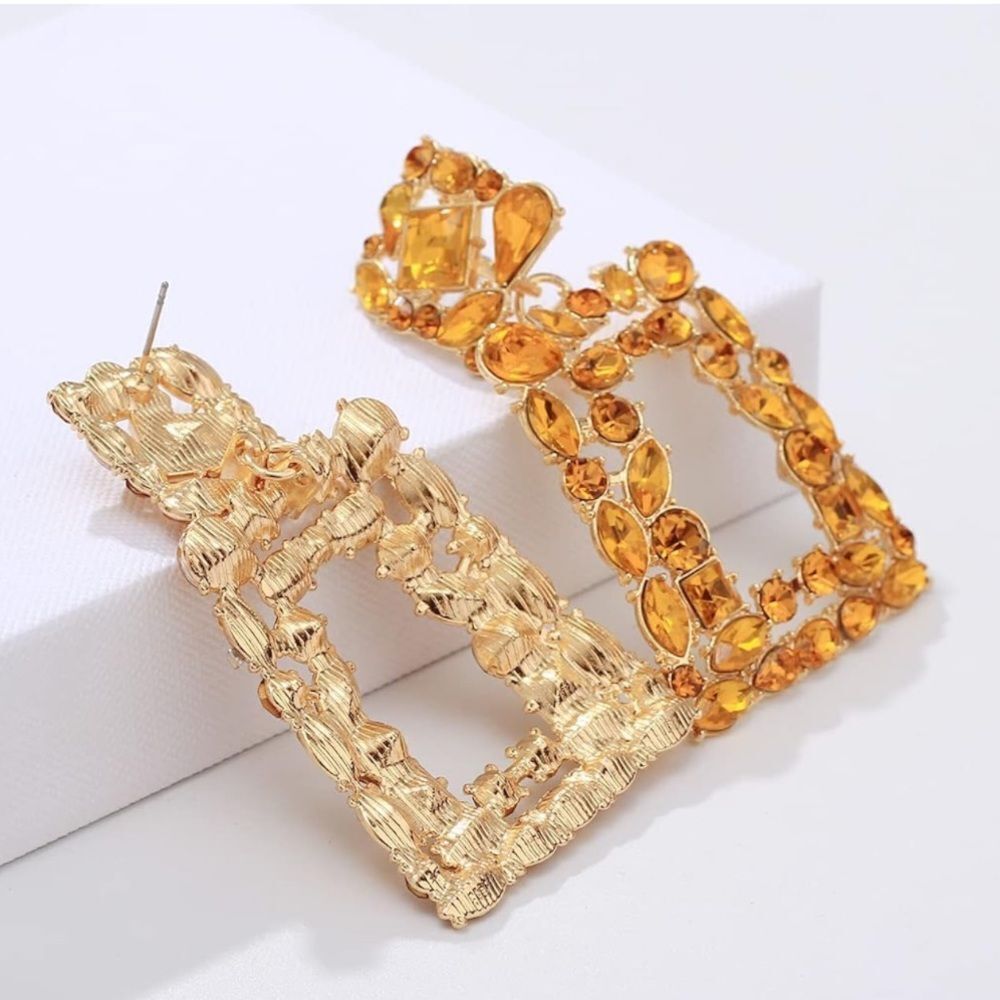 Yellow Gold with Orange Citrine Crystal Geometric Rectangle Post Back Earrings - Picture 3 of 6